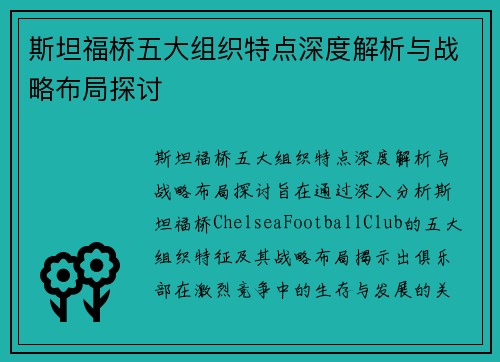 斯坦福桥五大组织特点深度解析与战略布局探讨 斯坦福桥五大组织特点深度解析与战略布局探讨