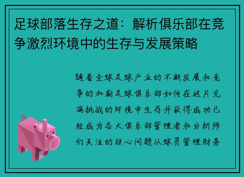 足球部落生存之道：解析俱乐部在竞争激烈环境中的生存与发展策略